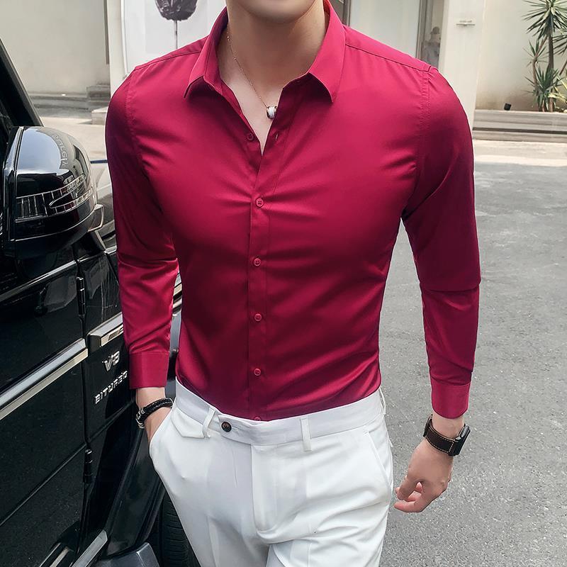 Wine Red Shirt Men's Long Sleeve AntiWrinkle NonIroning Korean Slim