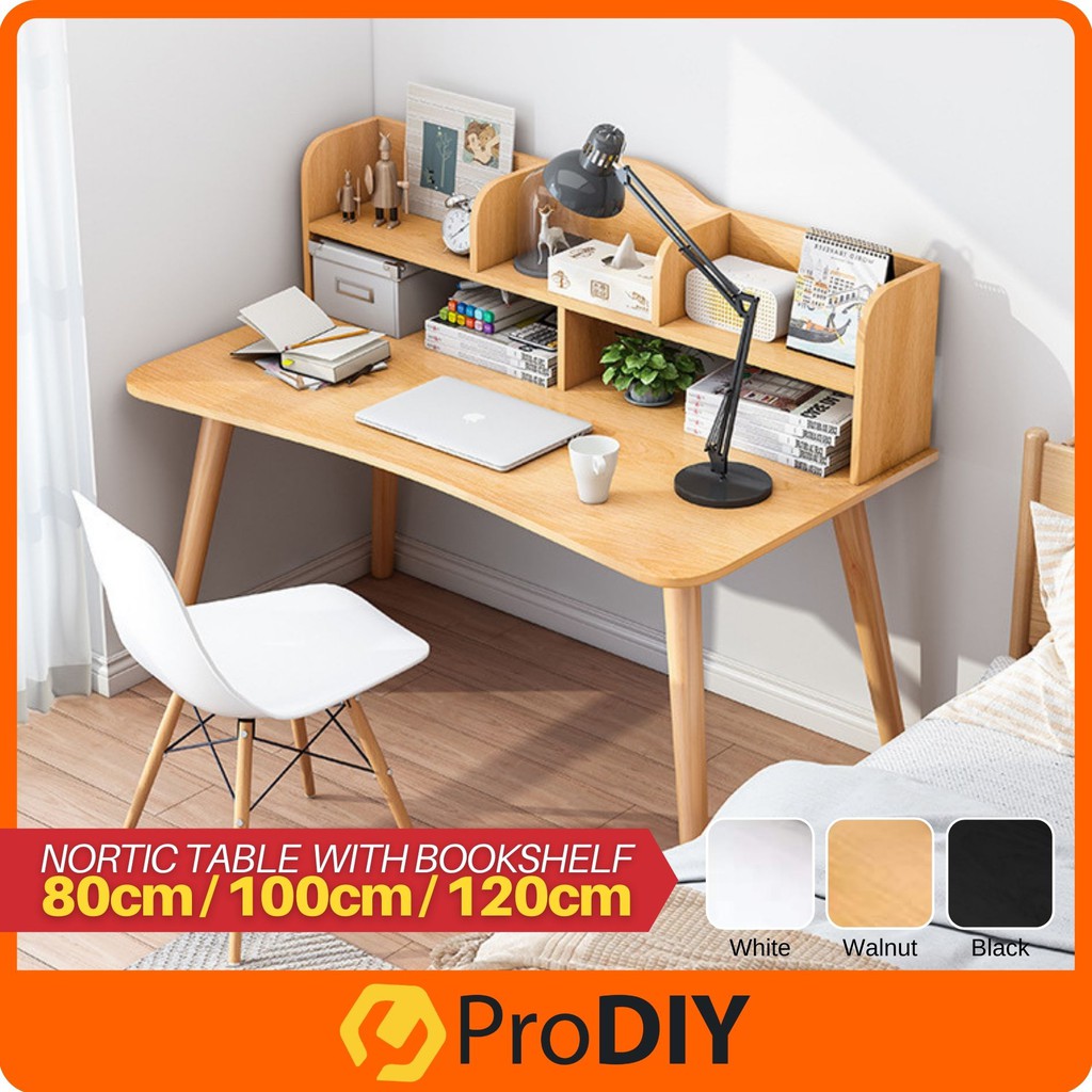 Nordic Table with Bookshelf Solid Wood Desk Writing Table simple