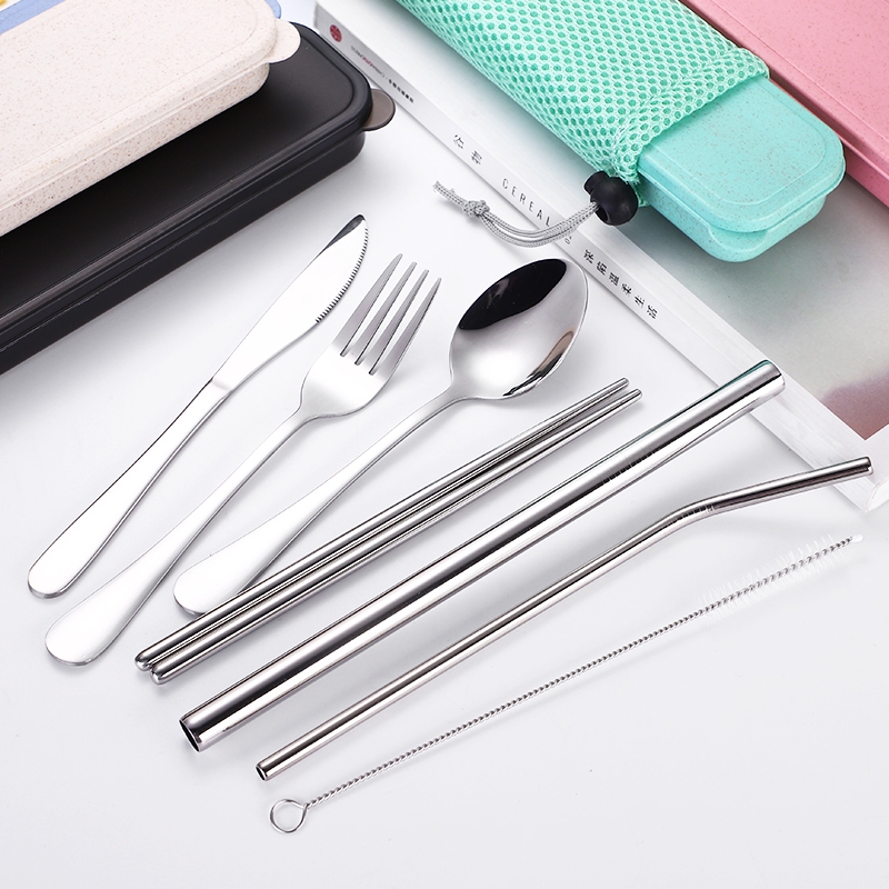 Image result for 10PCS Set Stainless Steel Spoon Fork Straw Elbow Big Straw Protable Tableware Kit W/ Box Pouch Brush 4.7