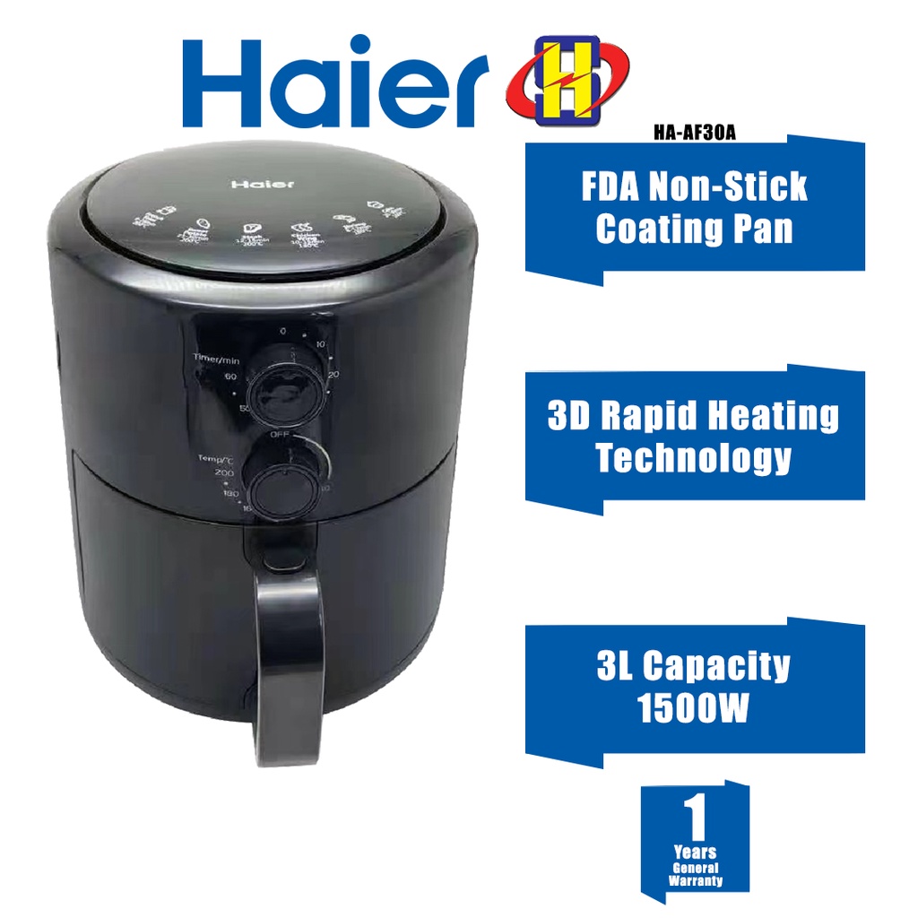 Haier Air Fryer (3L/1500W) FDA NonStick Coating Pan & Timer Up to 60