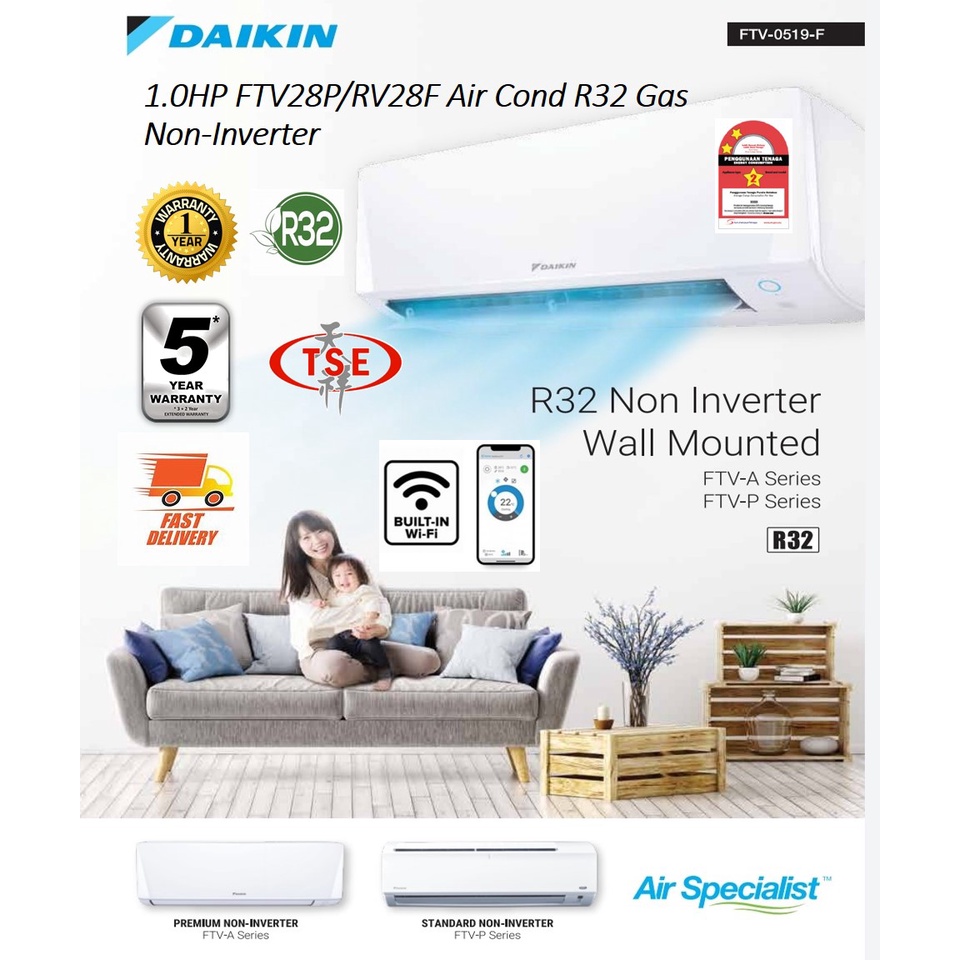 Daikin 1.0HP~FTV28P/RV28F wall type air con R32 Gas Non-Inverter (Buit in Wi-Fi)