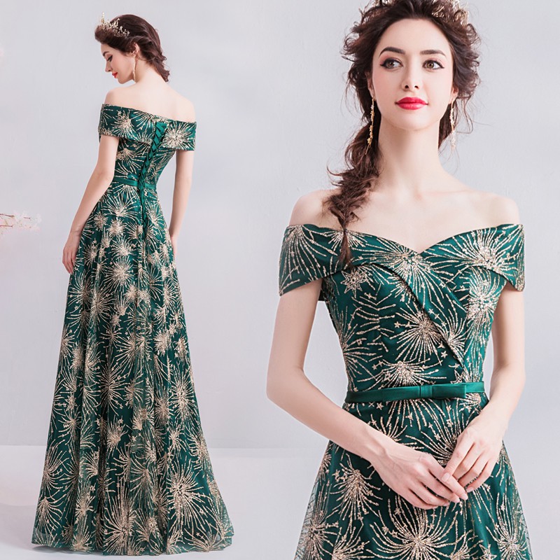 emerald green with gold dress