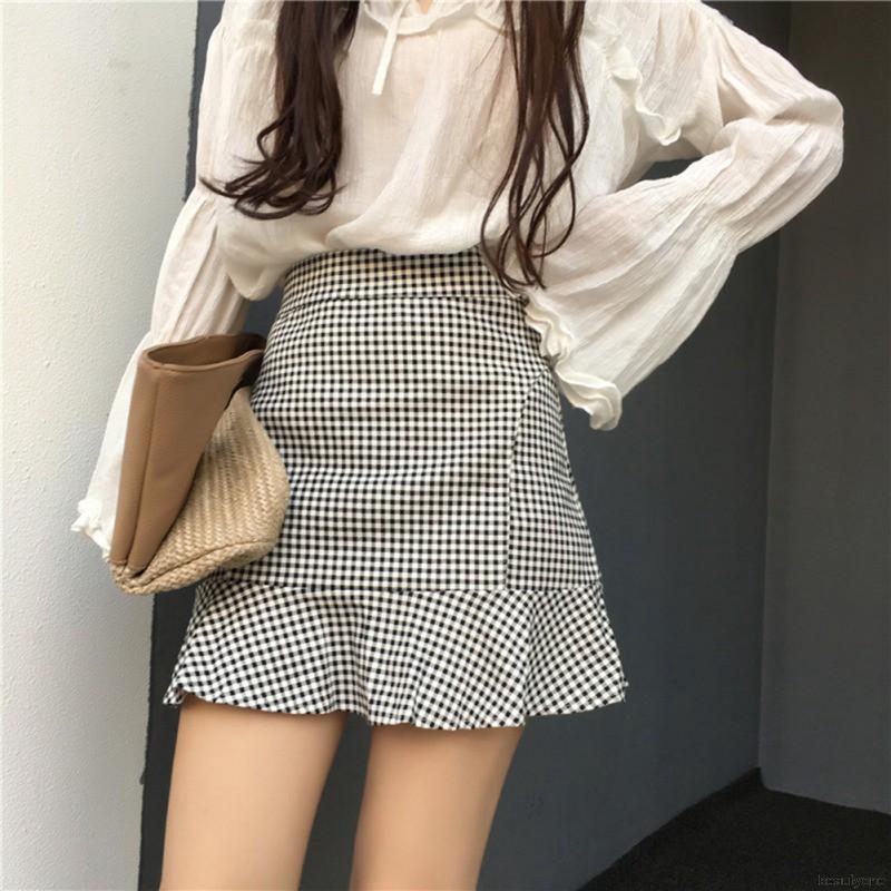 Fashion Women Thin Slim High Waist Plaid Ruffled Fishtail Skirt