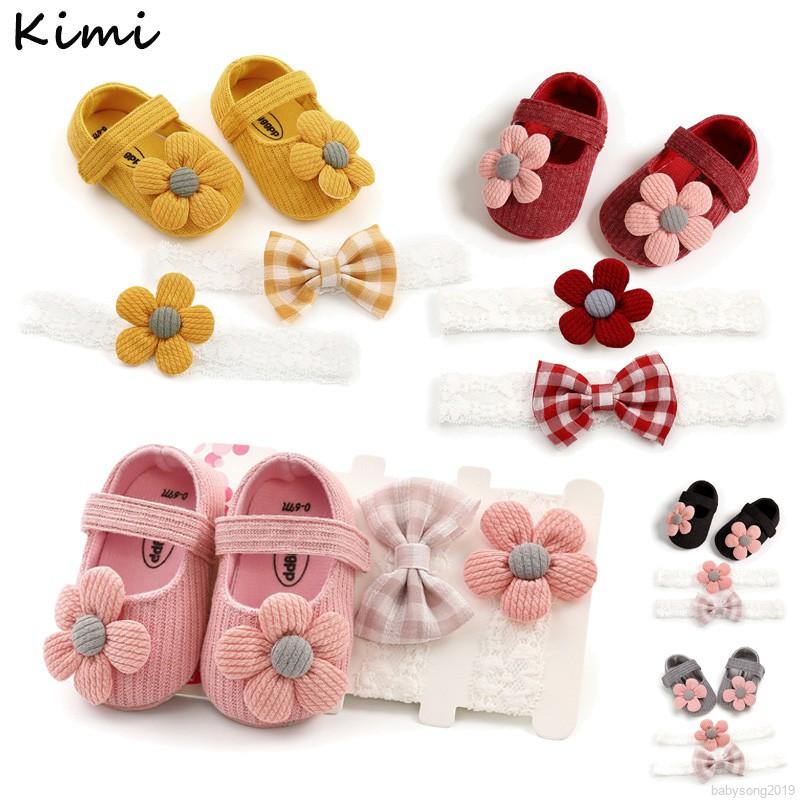 ✨ Kimi ๑ Baby Shoes and 2Pcs Baby Headband Set Newborn Baby Girls Shoes Anti-Slip Infant Toddler Soft Sole Princess Shoes Walking Shoes + Headwear for 0-18 Months