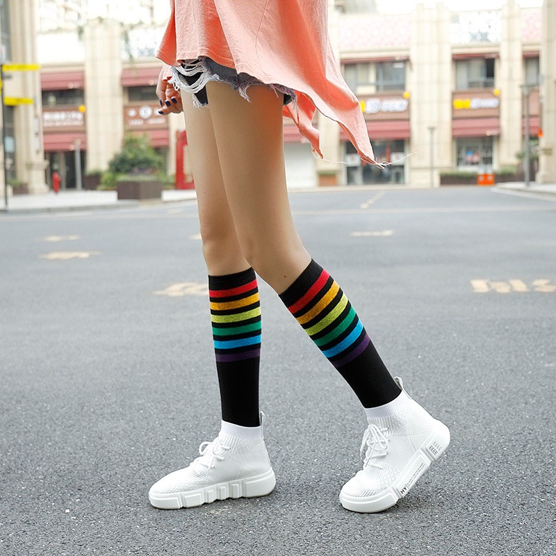 Women Rainbow Knee Cotton Socks Korea Long Thigh Striped Stockings Long Striped Socks Sexy Students Over Knee High Socks Medias