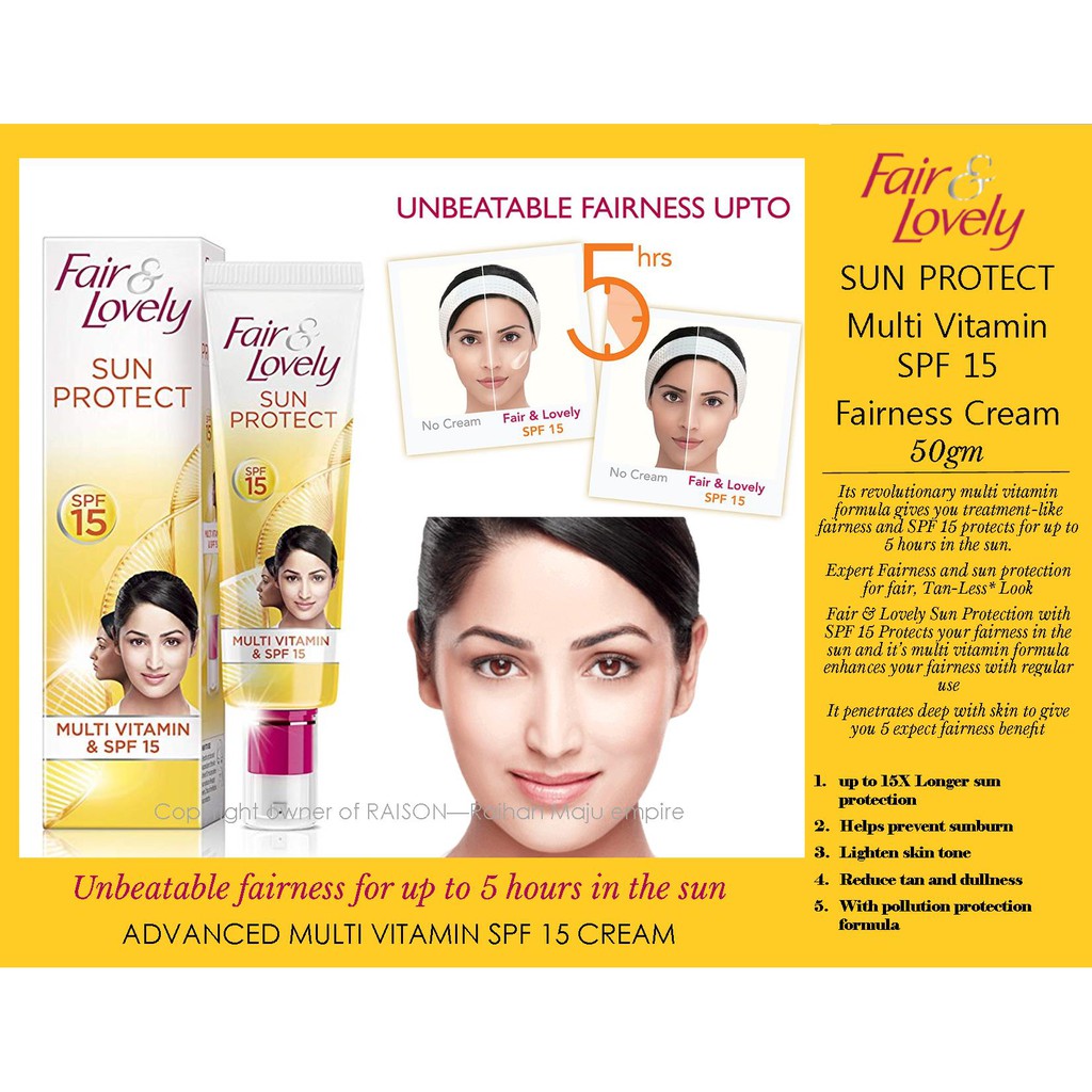 Fair & Lovely SUN PROTECT Multi Vitamin SPF 15 Fairness Cream 50gm