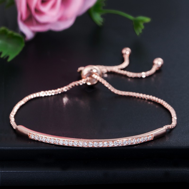 Cubic Zirconia Leaf Bracelet With Adjustable Slide Bead For Women In Silver Color/Rose Gold Color/Gold Color 