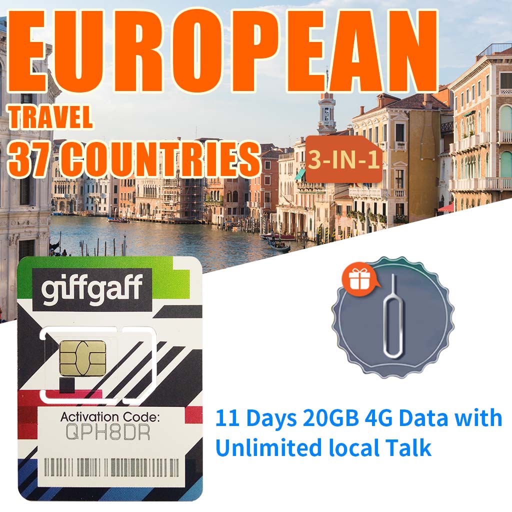 Prepaid giffgaff Europe Roaming Travel Sim Card 20GB Data ...