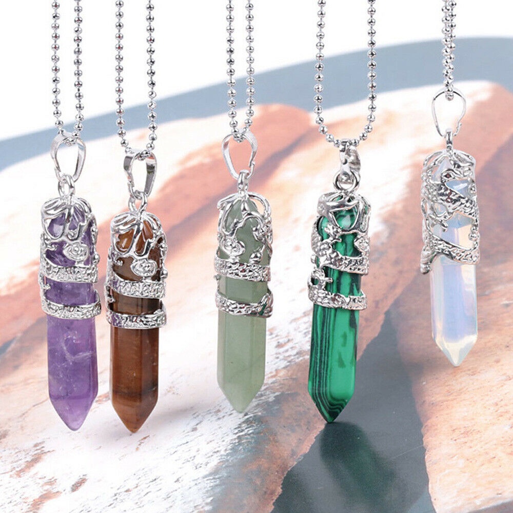 High Quality Dragon Shape Stone Pendant Necklace Hexagon Aura Crystal Column Couple Fashion Jewelry Beads