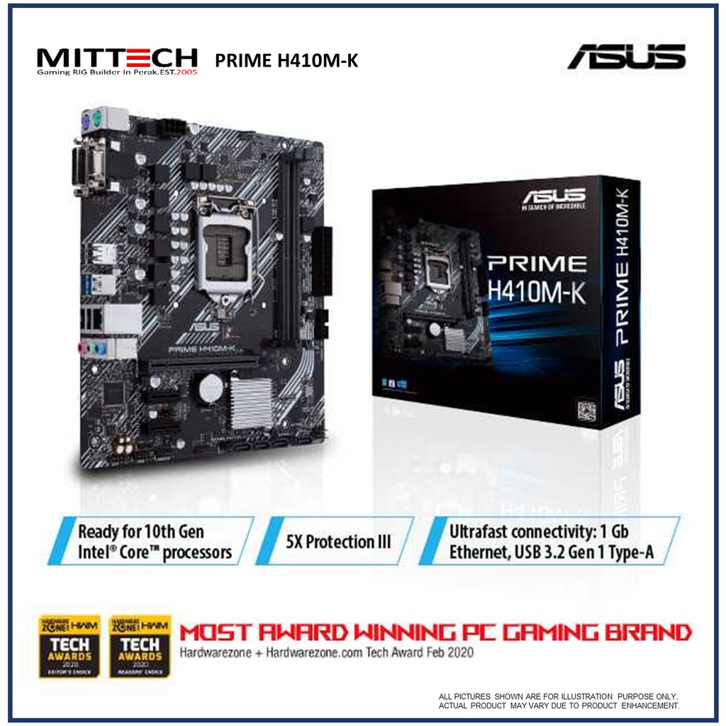 Asus Prime H410MK Motherboard LGA1200 H410 Chipset DVI DSub USB 3.2 Gen 1 COM