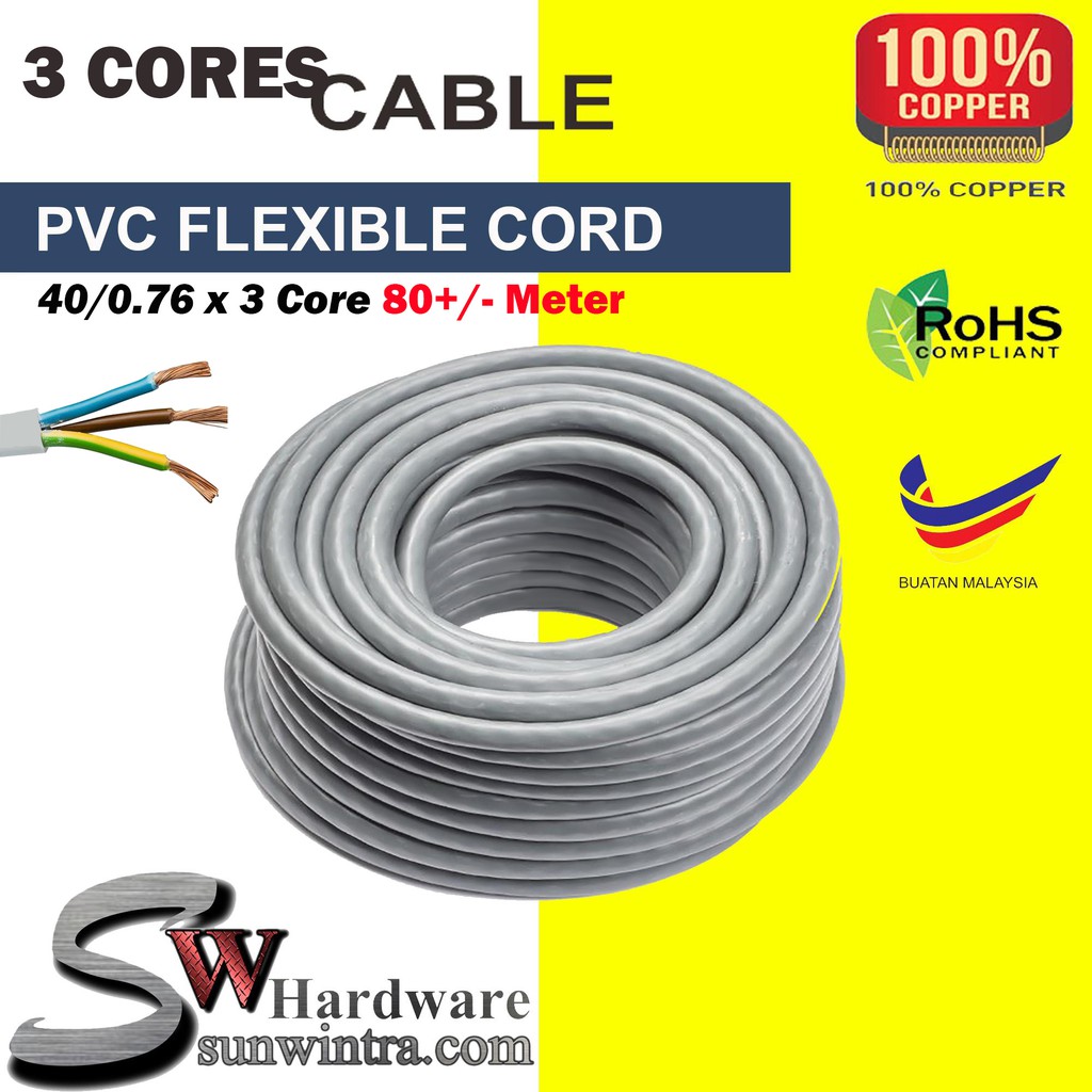 3 core cable 40/0076 X 3 Core Cable 80+/- Meter Flexible Cable | Shopee ...