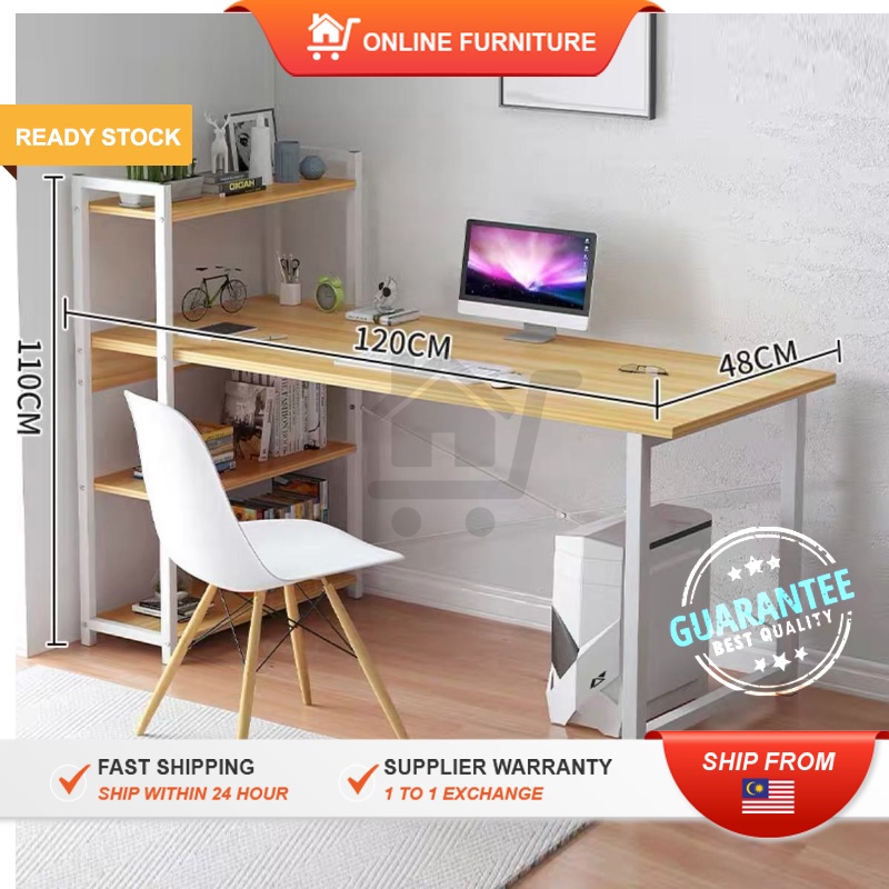 𝗥𝗘𝗔𝗗𝗬 𝗦𝗧𝗢𝗖𝗞 [ Ship 24H ] : Study Computer Table Laptop Desk With 4 Tier Book Shelf Workstation Meja Tulis Meja Belajar