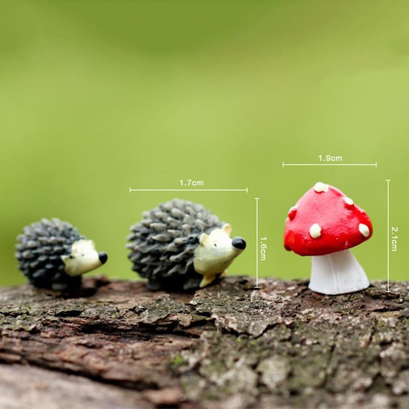3pcs set mini hedgehog with red dot mushroom miniatures fairy garden gnomes moss