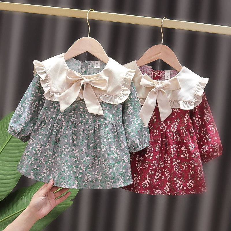 Vintage Lolita Baju Baby Girls Dress Pink Floral Long Sleeves Ribbon Kids Clothing Girls Dress QY106