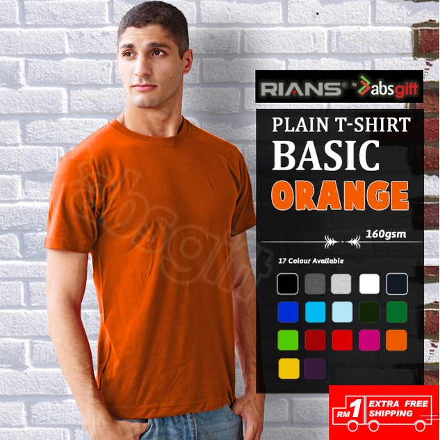 RIANS (BASIC) Plain Cotton Round Neck T-Shirt (Short Sleeve) 160gsm (Men / Woman) - ORANGE