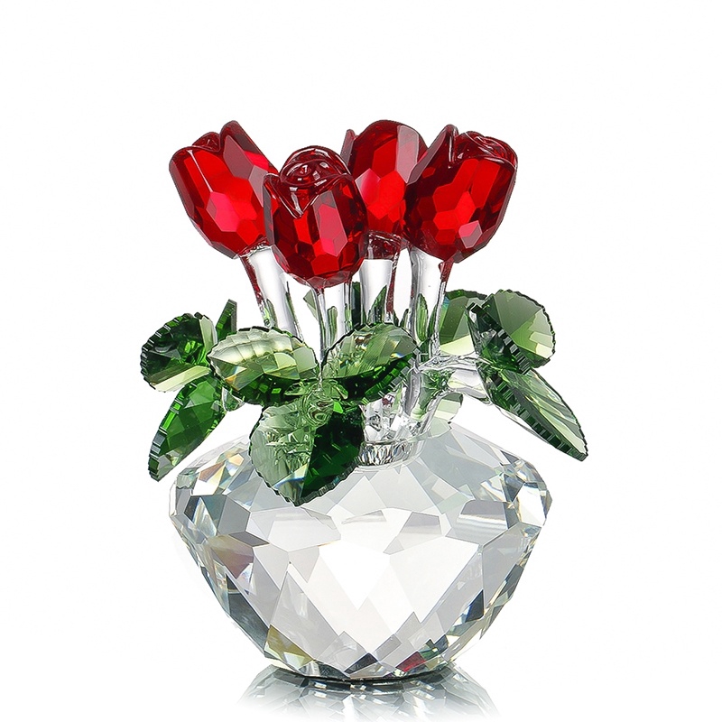 Crystal Rose Flower Figurine Spring Bouquet Sculpture Glass Dreams Ornament Home Wedding Decor Collectible Gift Souvenir