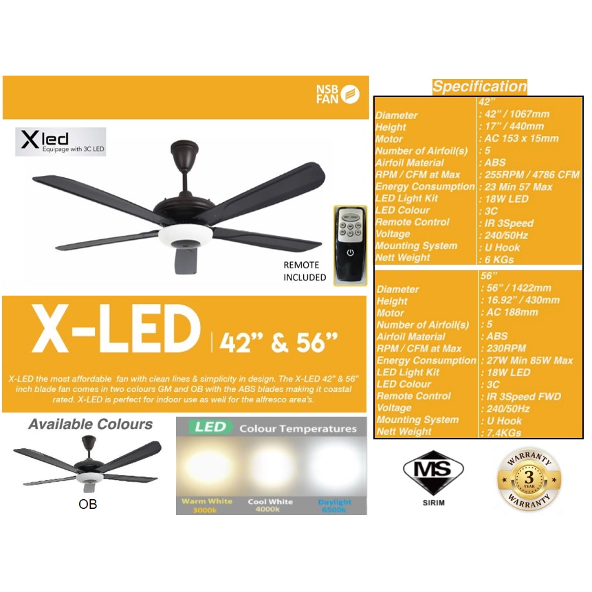 NSB XLED 42inch 56inch CEILING FAN WITH LED LIGHT & REMOTE CONTROL