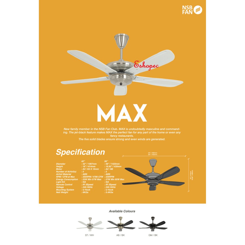 Nsb Max 5 Blades Remote Control Ceiling Fan 56 St Wh