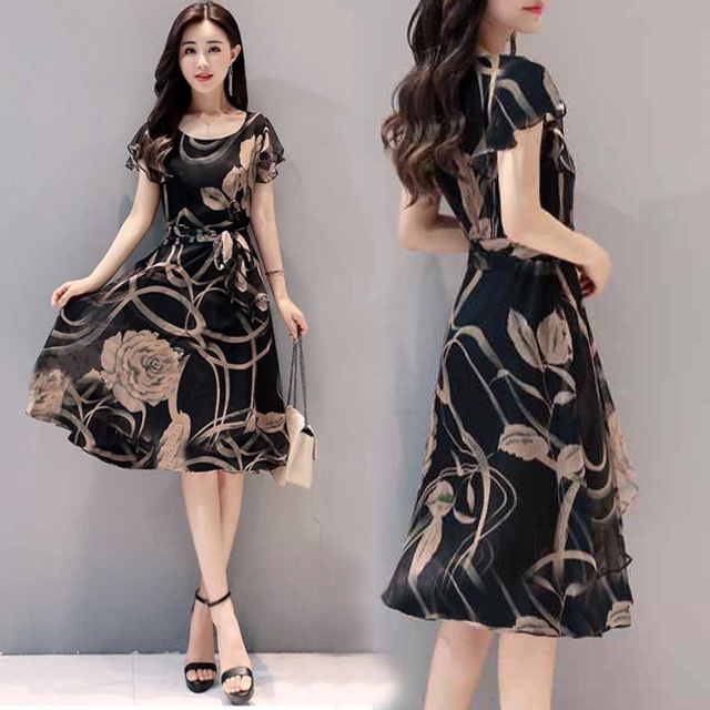 Summer Women's Clothing Korean Version Slimmer Look Plus Size Printed Dress Temperament A-Line Mid-Length