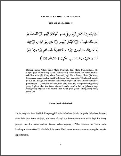 TAFSIR AL-QURAN : NIK ABDUL AZIZ NIK MAT (SURAH AL-FATIHAH, AL-NAS 