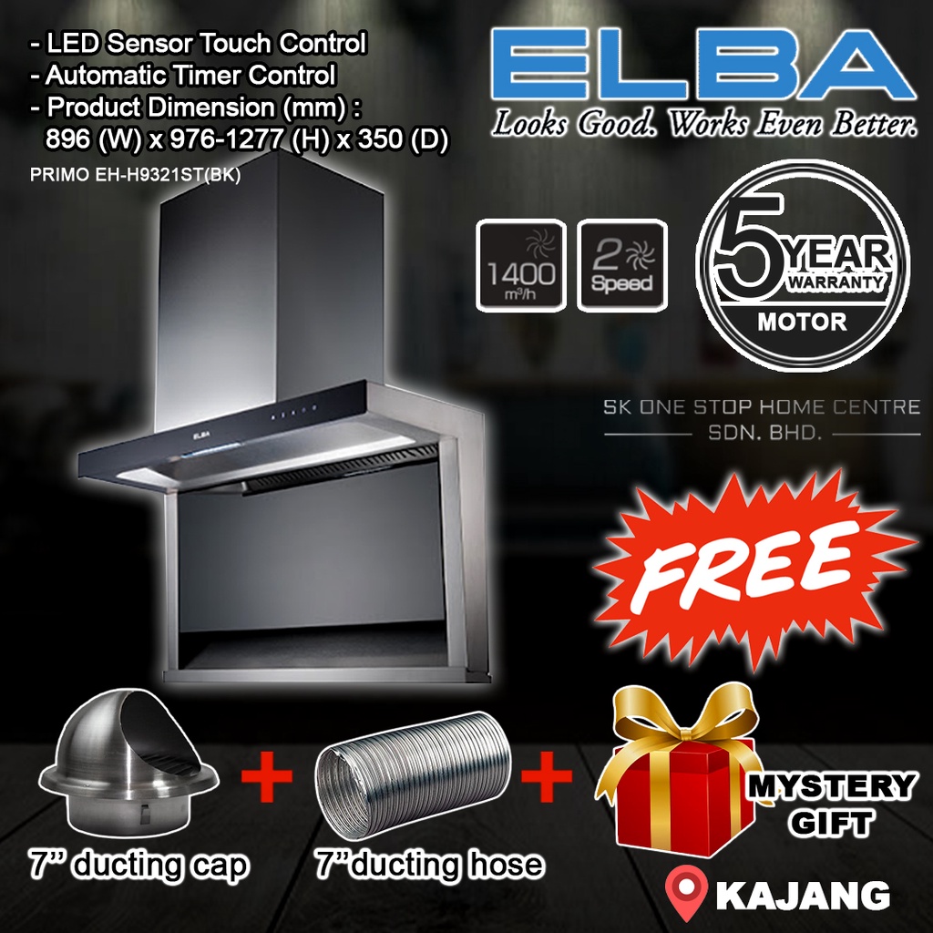 (AUTHORISED DEALER) ELBA PRIMO EHH9321ST(BK) KITCHEN COOKER HOOD