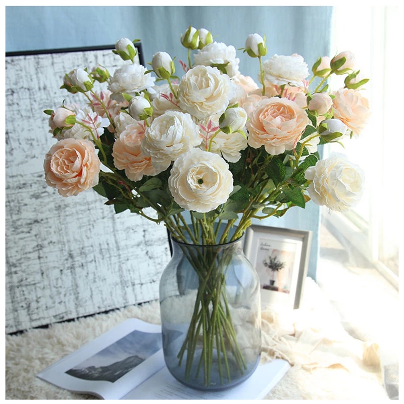 3Heads Artificial Flowers Peony Bouquet,Fake Rose Flowers for Wedding ...