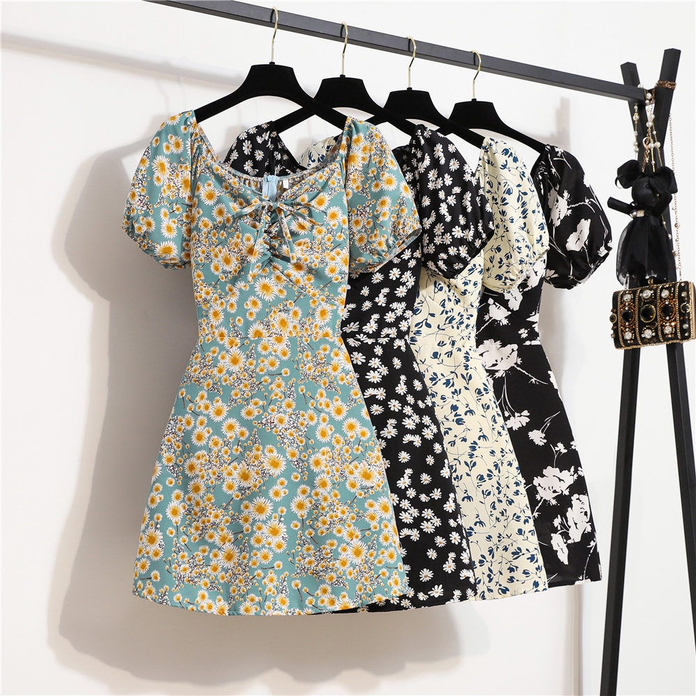 Bohemian Women's Mini Sexy Dresses Summer Floral Printed Pleated Elegant Short Puff Sleeve Dress