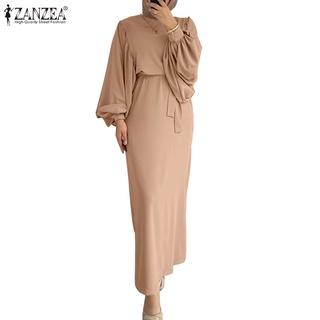 Image of ZANZEA Women Vintage Lace-up Solid Puff Sleeve O Neck Muslim Long Dress