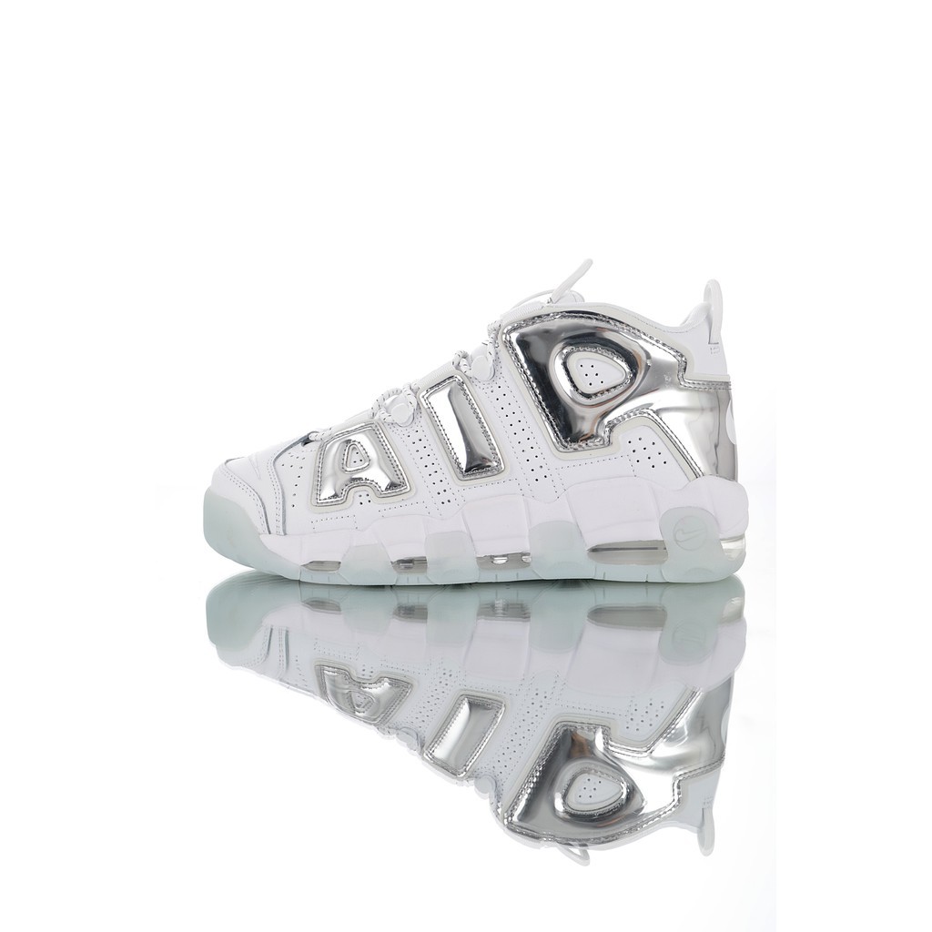 nike uptempo white and silver