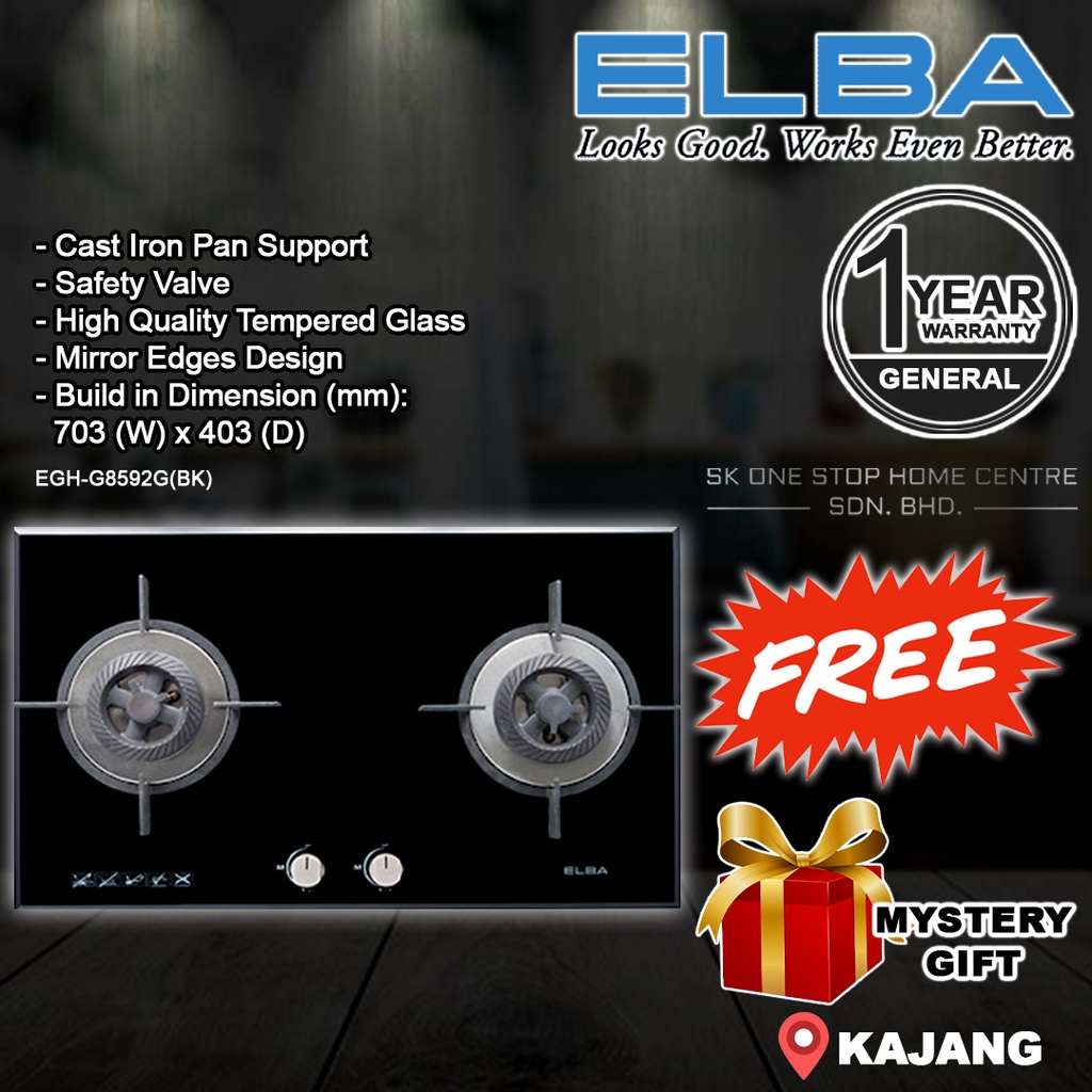 Elba EGHG8592G(BK) 5.0kW 2 Burner Built In Glass Hob / Gas Stoves