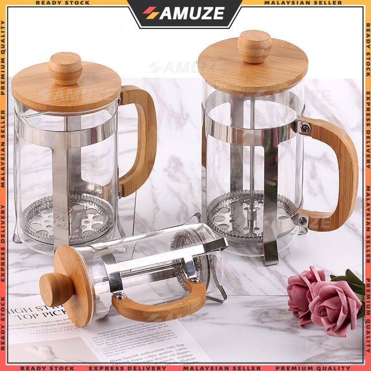 AMUZE  French Press Coffee Pot Bamboo Wood Coffee Maker Coffee Press Tea Pot Milk Frother Foam Maker