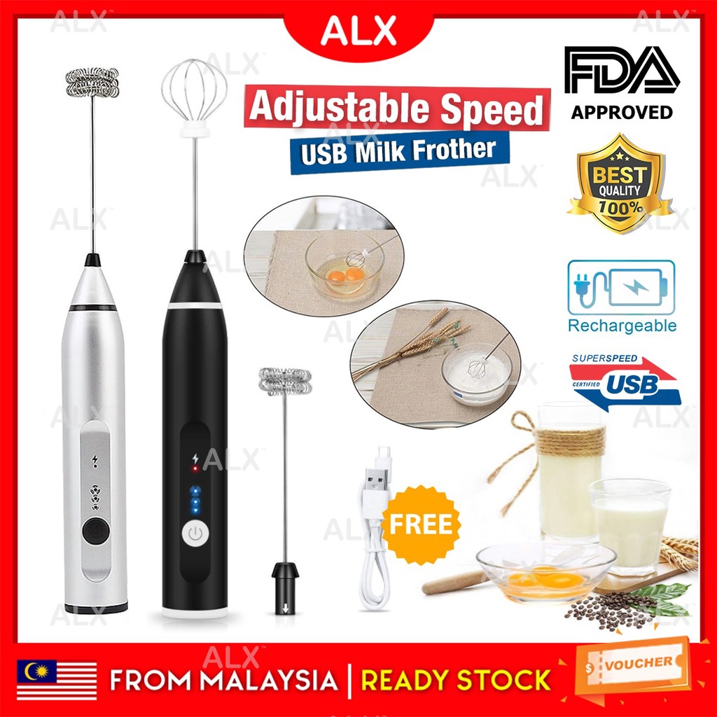 ALX 3 Speed Electric Milk Frother Rechargeable Bakery Egg Whisk Head Handheld Battery Operated Foam Maker Coffee Latte