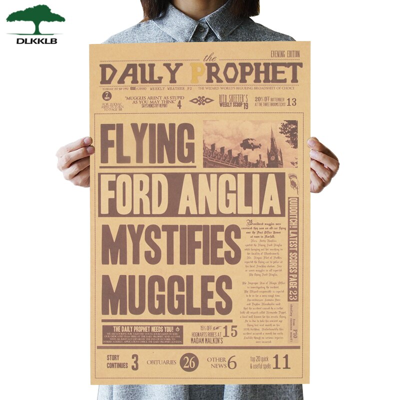 DLKKLB Classic Movie Posterharry Potter Flying Car Retro Poster Daily Prophet Kraft Paper Wall Stickers Decorative