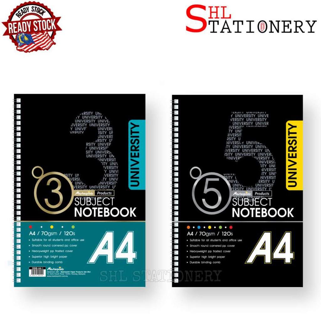 MASTER PRINT A4 University Subject Notebook 3 / 5 Unique Coloured PP Paper 70 gsm 120 Sheets