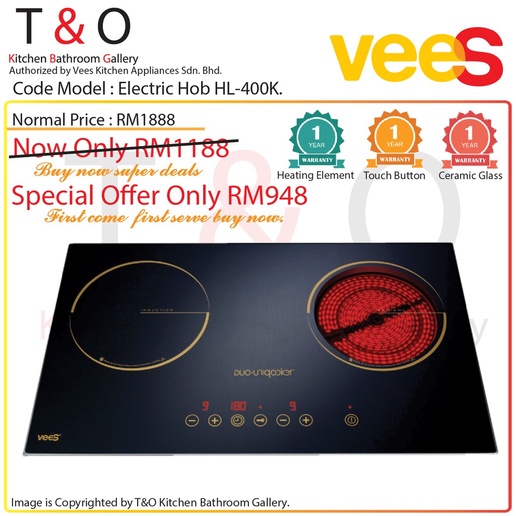 Vees Delicooker HL-400K Induction and Ceramic Double Burner Electric Hob - Brand of Malaysia.