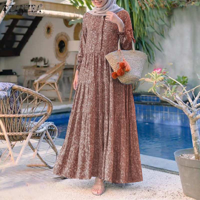 ZANZEA Women Casual Long Sleeve Printed Tiered Muslim Long Dress #8