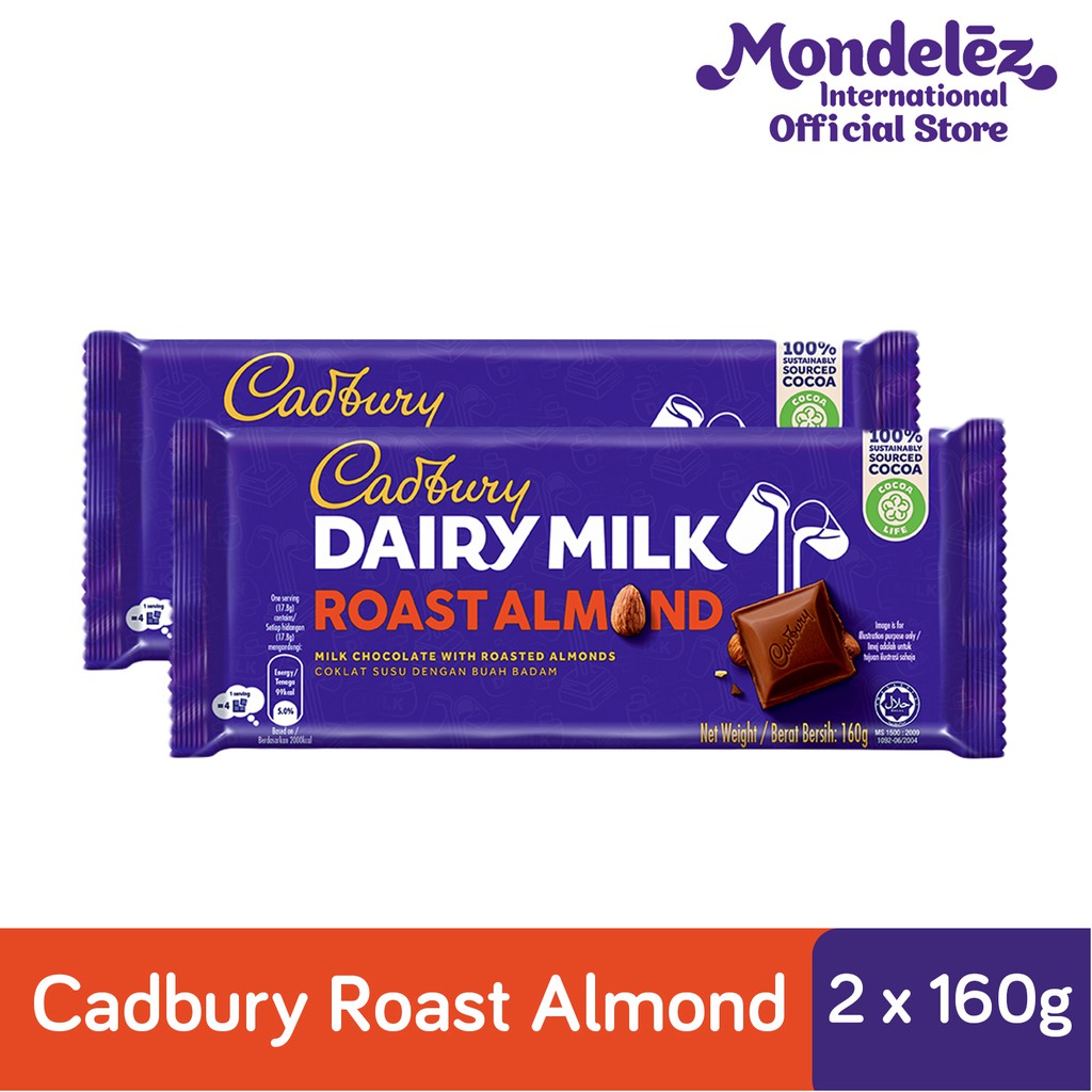 Cadbury Dairy Milk - Chocolate Bar, Roast Almond, Halal Snack [160g X 2 ...