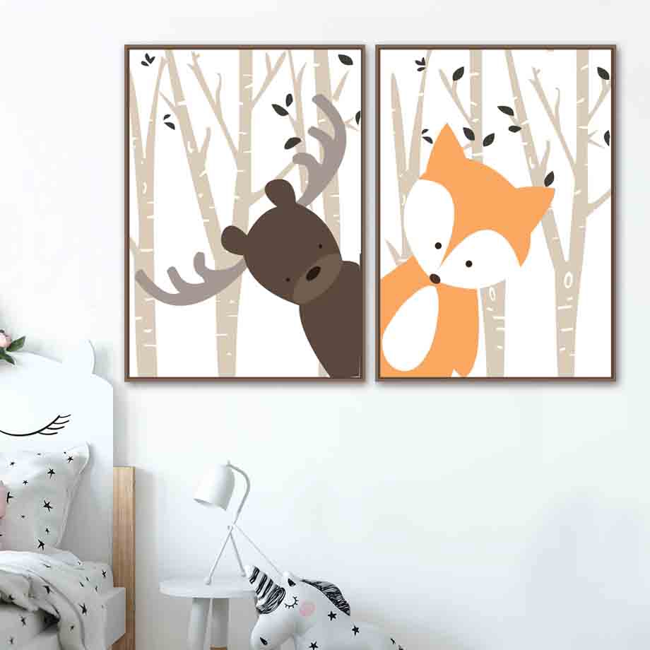 Wall Art Cartoon Forest Deer Rabbit Fox Canvas Painting Nursery Wall Pictures For Baby Kids Room Decor Shopee Malaysia
