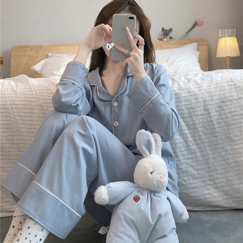 South Korea INS pajamas female sleeves trousers student韩国INS春秋休闲睡衣女长袖长裤学生韩版可外穿家居服套装薄