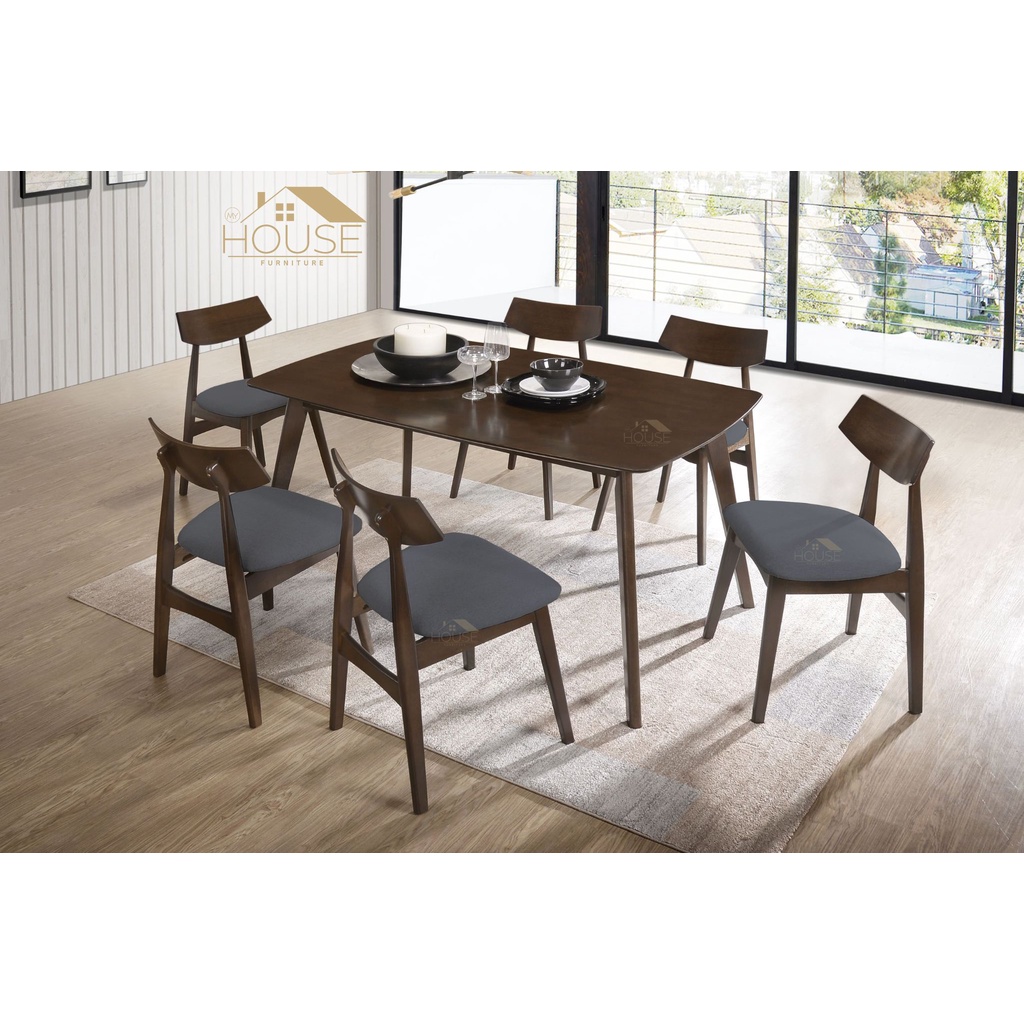 MYHOUSE Furniture Meja Makan 6 Kerusi Murah Set Solid Rubberwood Dining Table 6 Seater Walnut
