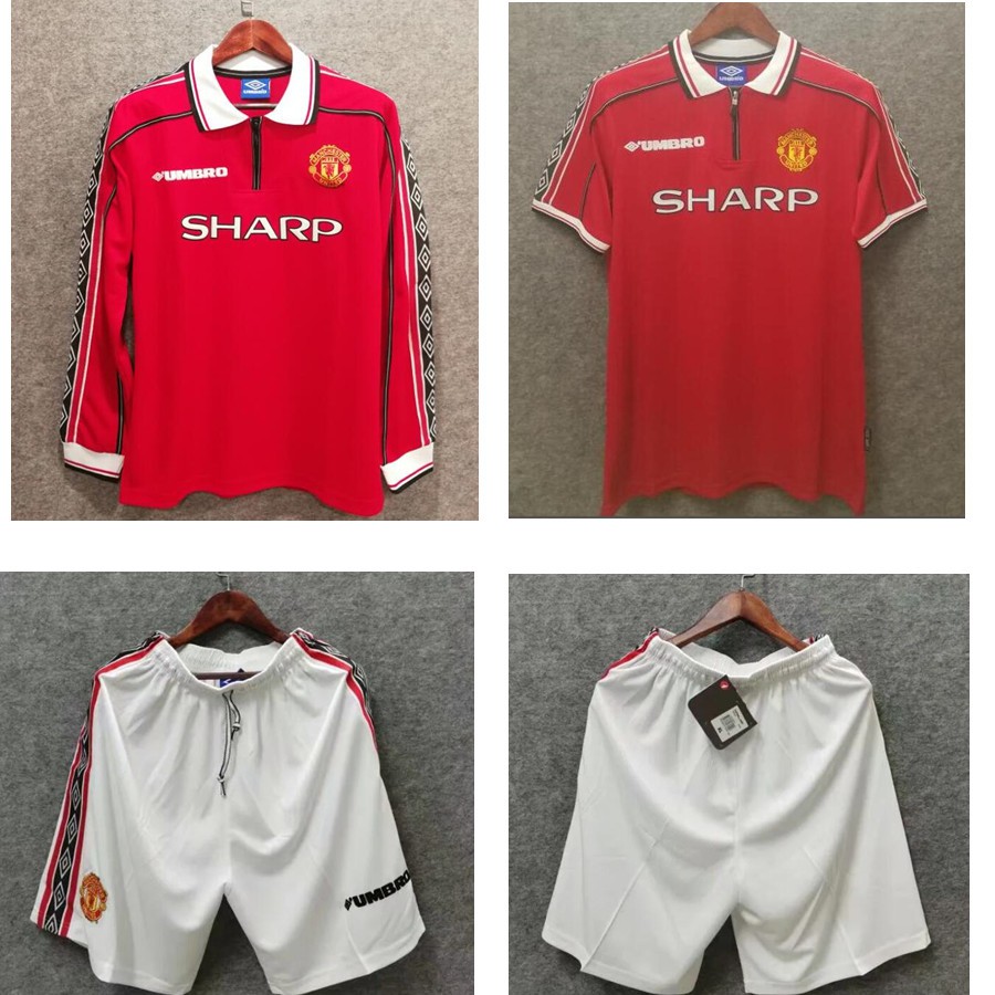 1998 Manchester United retro home red Soccer Jersey Long sleeve shorts