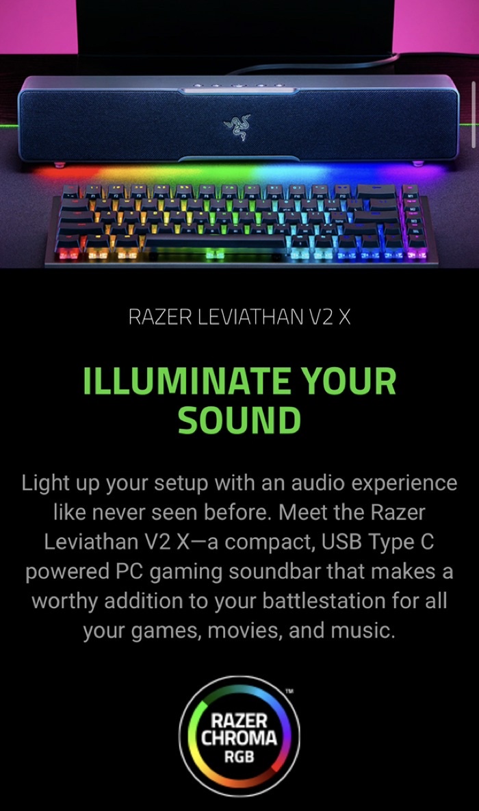 Razer Leviathan V2 X PC Gaming Compact Soundbar: USB Type C, BT,  High-Fidelity Stereo, Razer Chroma™ RGB 