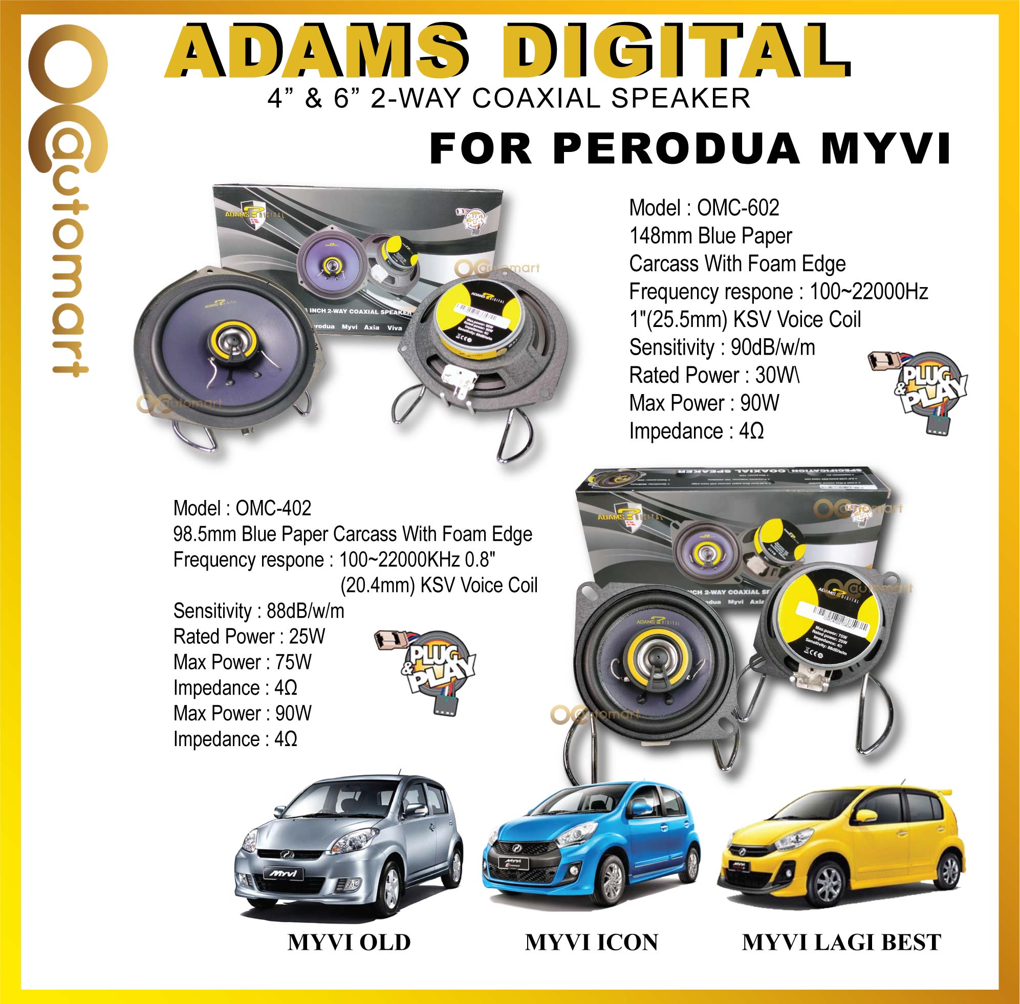 Adams Digital Plug N Play Perodua Myvi Lagi Best / Icon OEM Speaker 4” 2 way and 6” 2 way Car Coxial Speaker