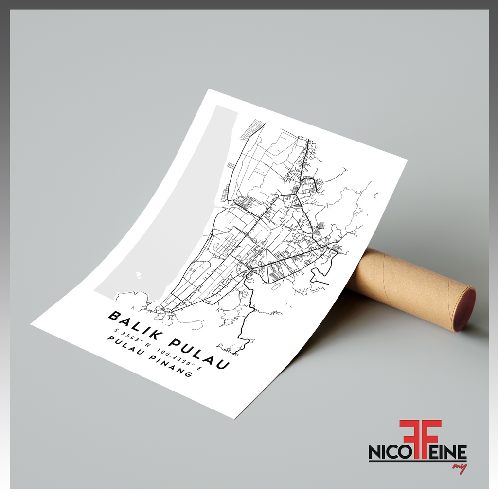 [Poster Only] Balik Pulau Pinang Penang Minimal Map Art Black Grey and White Travel Art Large Poster Print / Wall Art