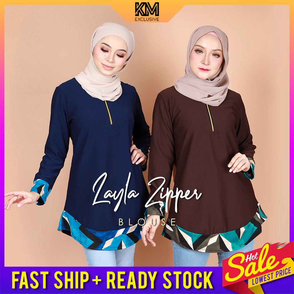 KM Muslimah Women Layla Front Zippered Modern Long Sleeves Blouse Baju ...