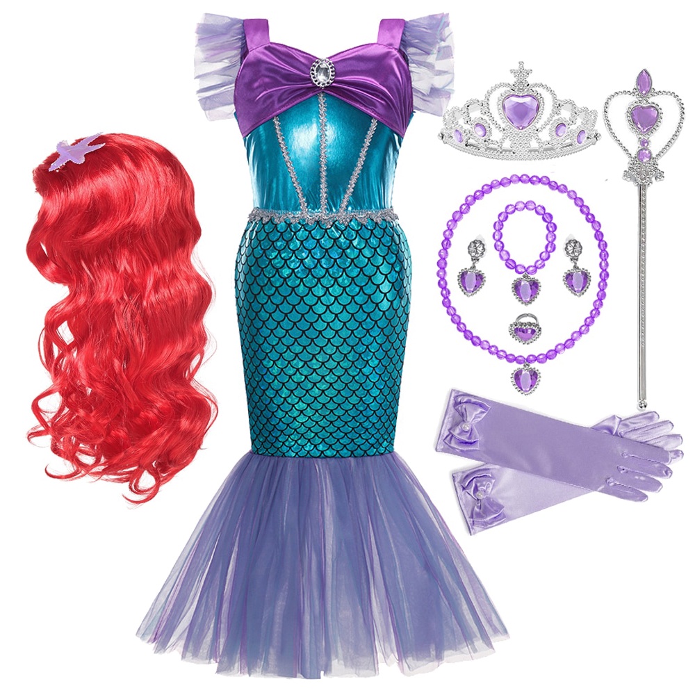 Kids Mermaid Costume Ariel Princess Dress Set Girls Fancy Dress Up Kid ...