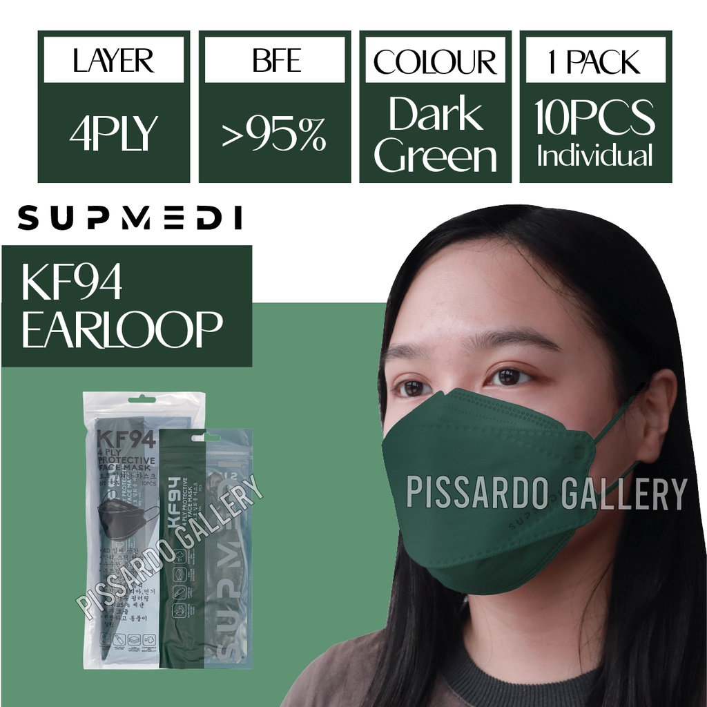 shopee: KF9410pcs/PackSUPMEDIKorea Adult Earloop KF94 Mask 4ply Fish Type Face Mask Non-Medical Ear Loop Pelitup Muka Dewasa (0:15:Colors:EL SMDDARK GREEN;1:0:TYPE:10 PCS)