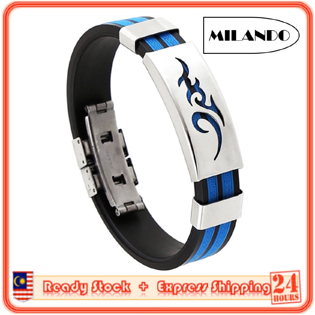 MILANDO Men Bracelet Wristbands Stainless Steel Rubber Bracelet Bangle Jewelry (Type 3: Flame pattern)