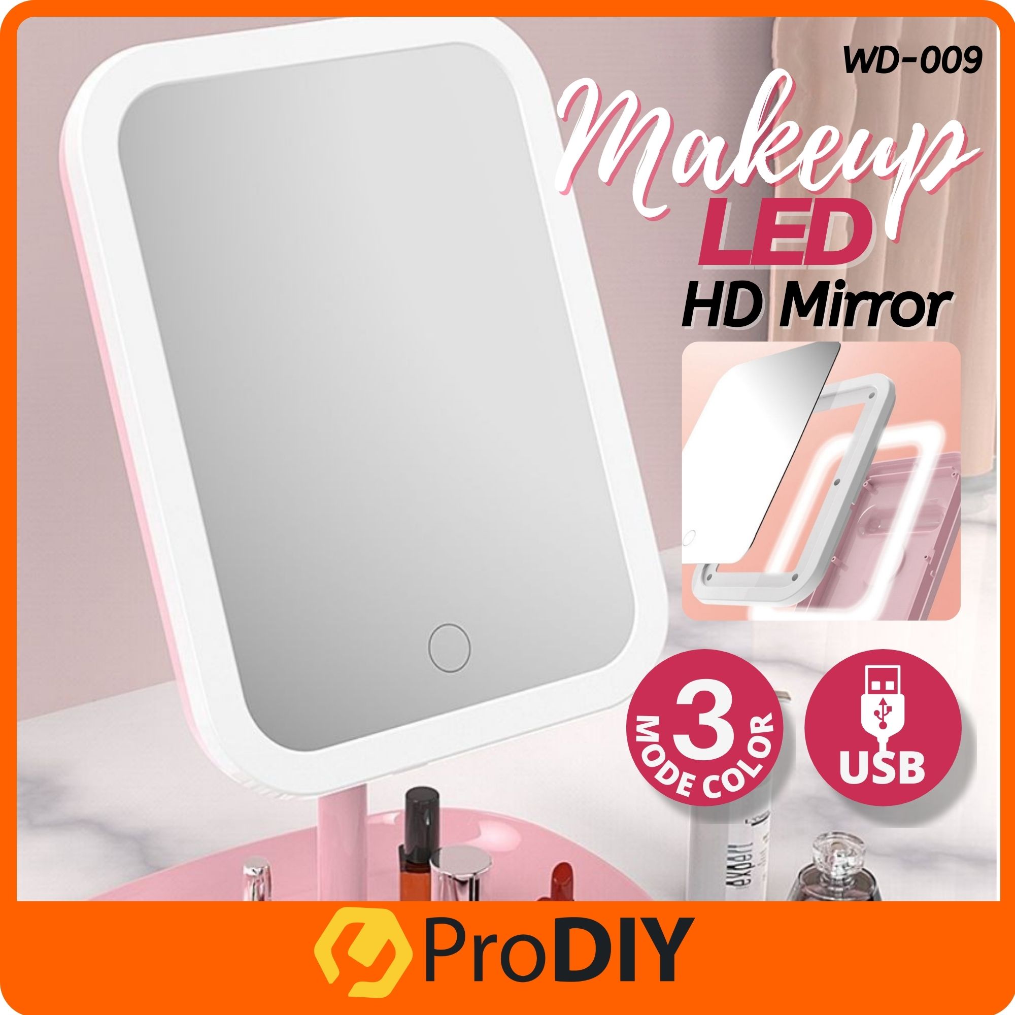 Ready Stock WD-009 3 Mode LED Light Hollywood Dressing Circle Makeup Mirror Portable USB Charge Mirror Bulbs Makeup