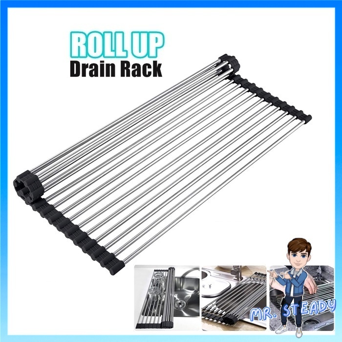 Rollup Dish Drying Rack Foldable Stainless Steel Over Sink Rack
